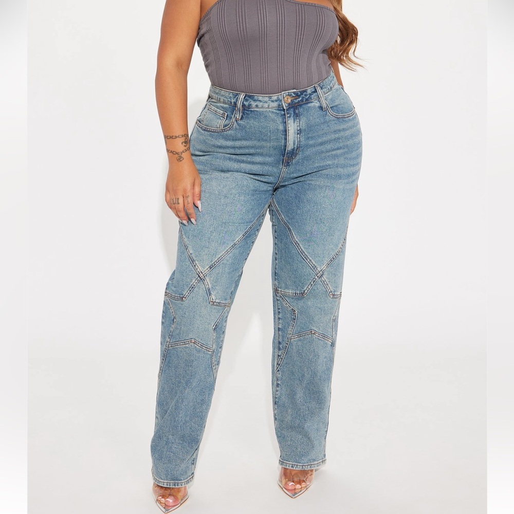 Fashion Nova Blue Star Design Straight Leg Jeans - Picture 2 of 4